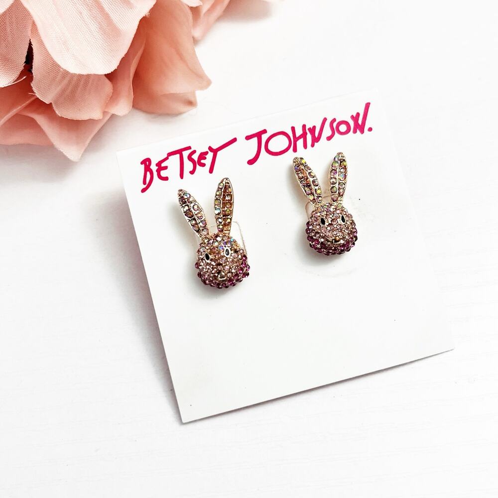 NEW Betsey Johnson Pink Pave Crystal Bunny Rabbit Earrings